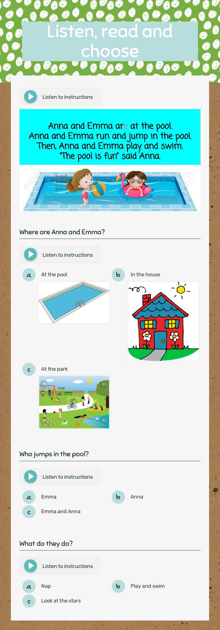 Listen, read and choose Grade 1 worksheet preview