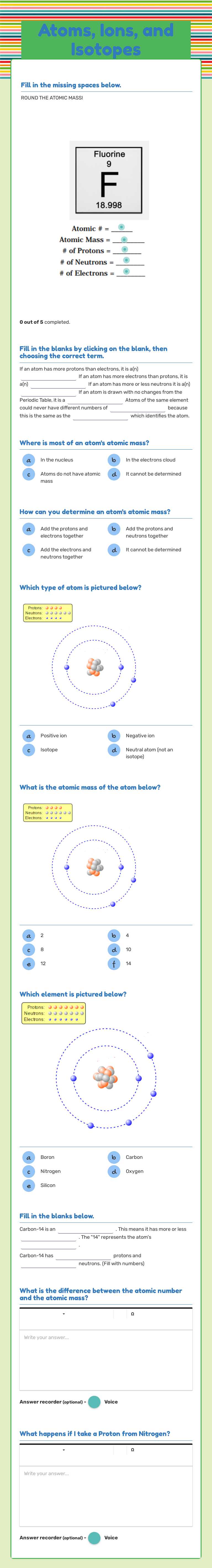 Atoms, Ions, and Isotopes worksheet preview image