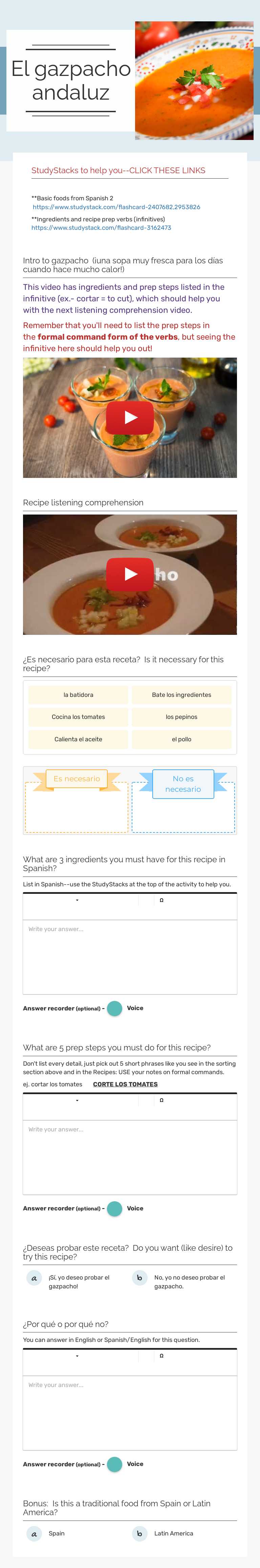 El gazpacho andaluz Grade 10 worksheet preview