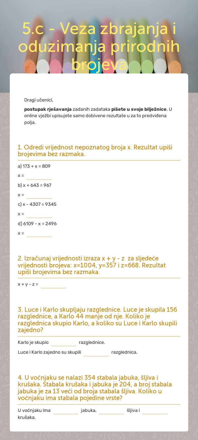 5.c - Veza zbrajanja i oduzimanja prirodnih brojeva Grade 5 worksheet preview