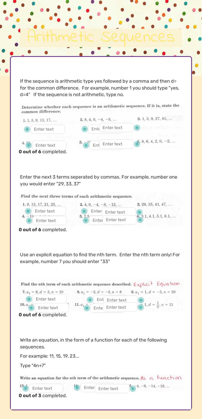 Arithmetic Sequences worksheet preview image
