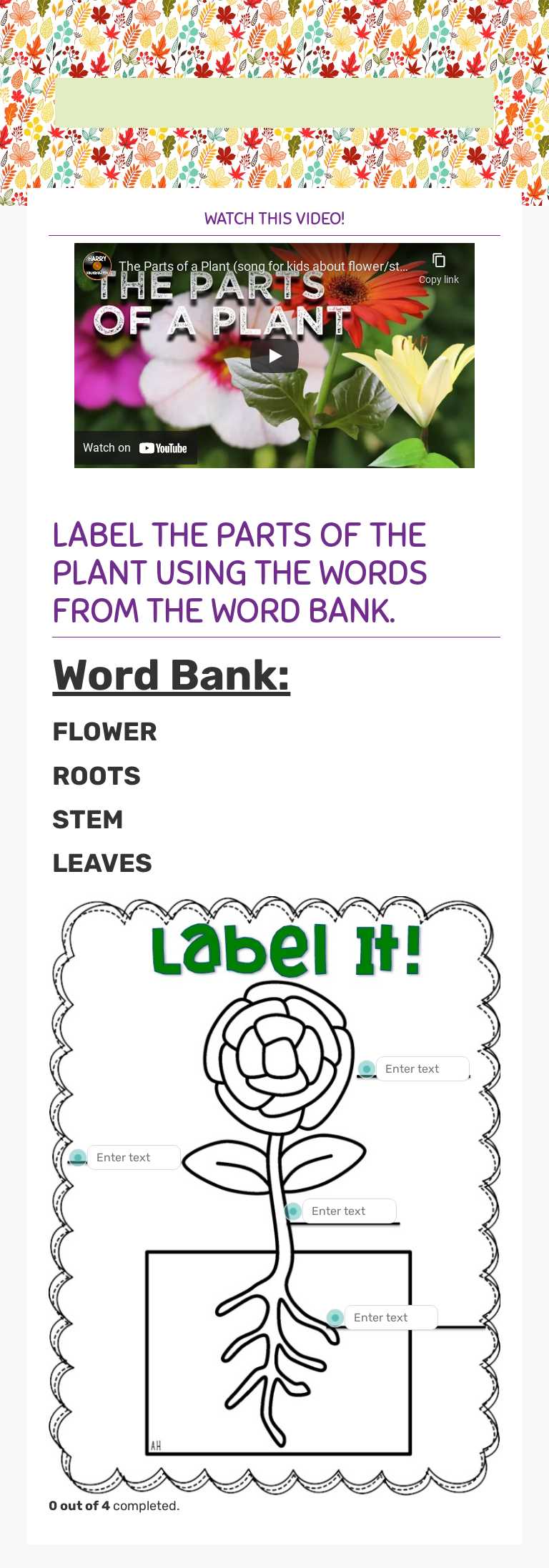 The Parts of a plant Grade 1 worksheet preview