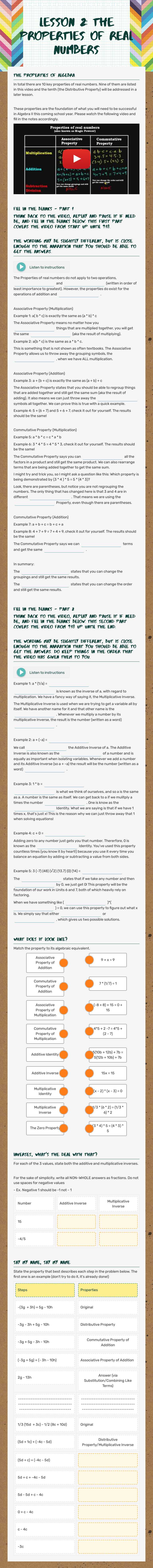 Lesson 2: The Properties of Real Numbers worksheet preview image