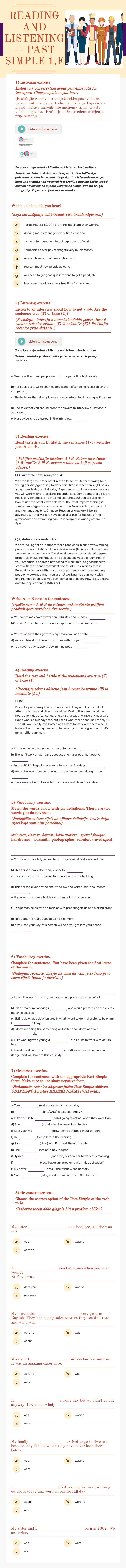 READING AND LISTENING + PAST SIMPLE 1.E Other worksheet preview