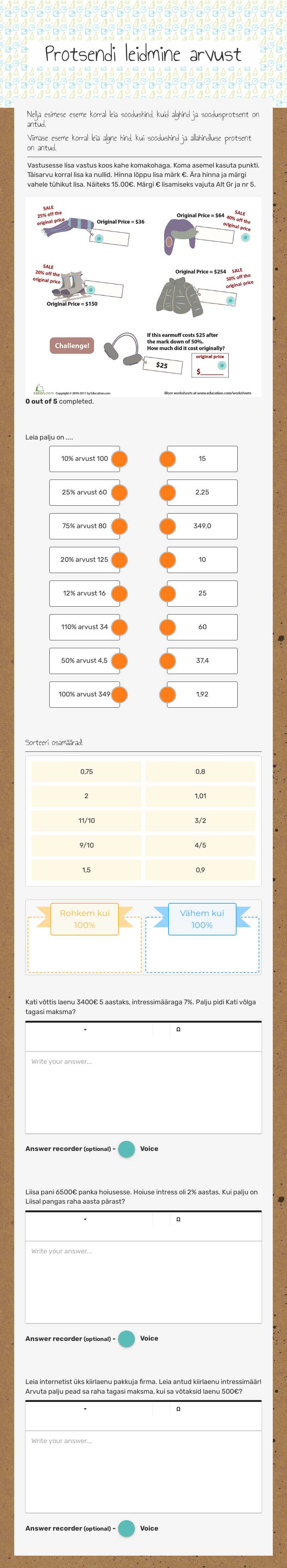 Protsendi leidmine arvust worksheet preview image