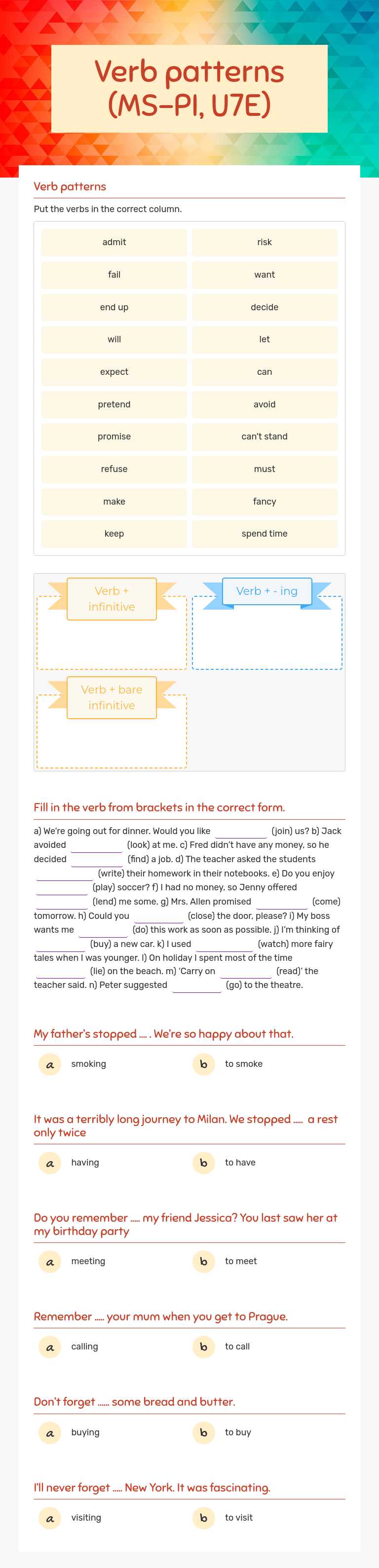 Verb patterns (MS-PI, U7E) worksheet preview image