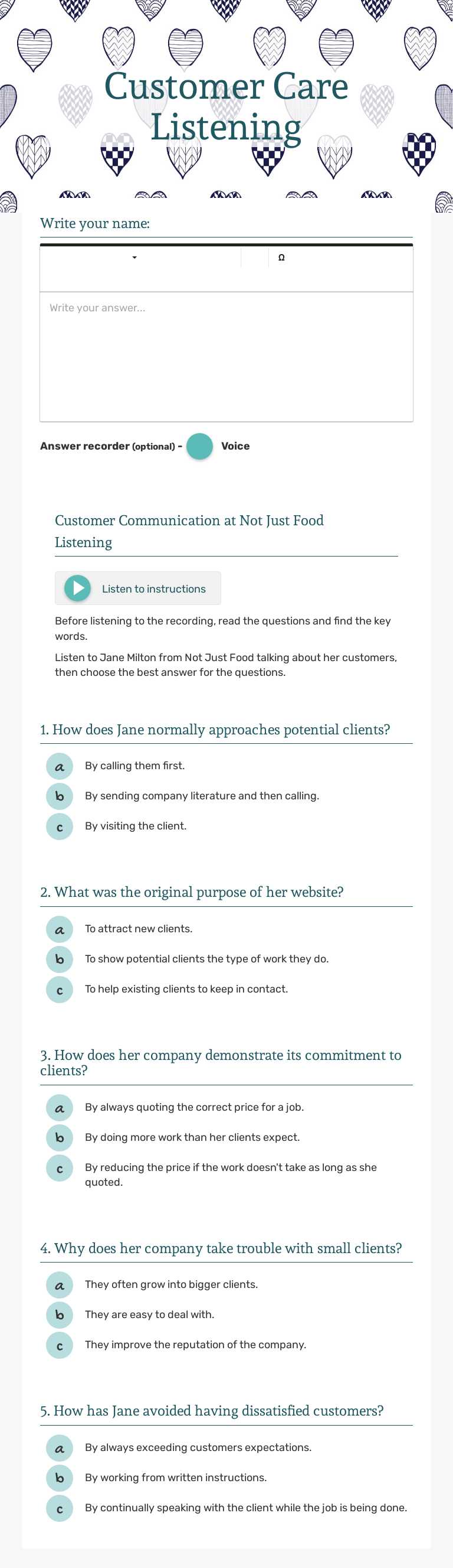 Customer Care Listening worksheet preview image
