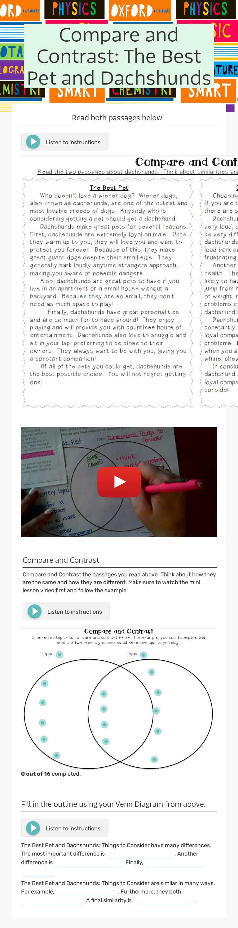 Compare and Contrast: The Best Pet and Dachshunds worksheet preview image