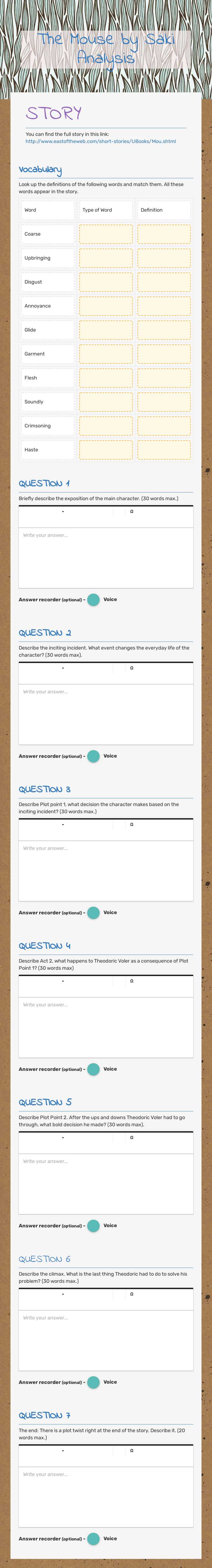 The Mouse by Saki Analysis worksheet preview image