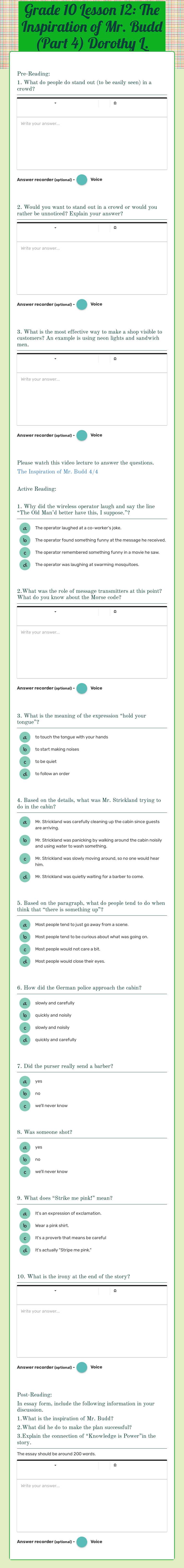 Grade 10 Lesson 12: The Inspiration of Mr. Budd (Part 4) Dorothy L. Sayers worksheet preview image