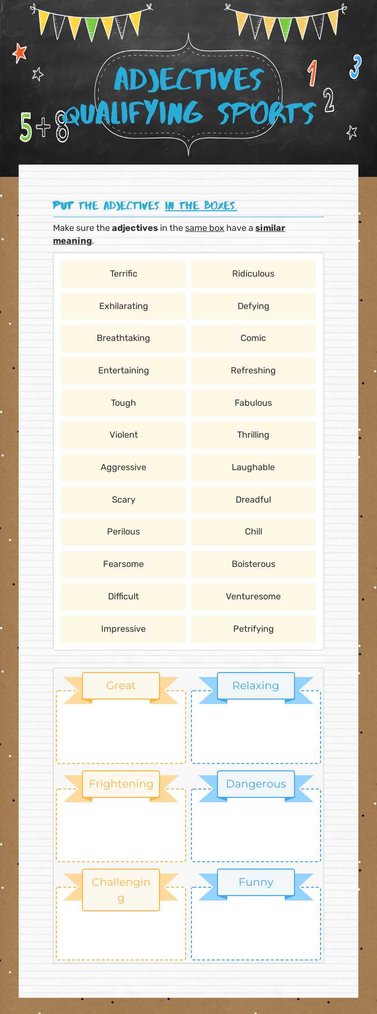 Adjectives qualifying sports worksheet preview image