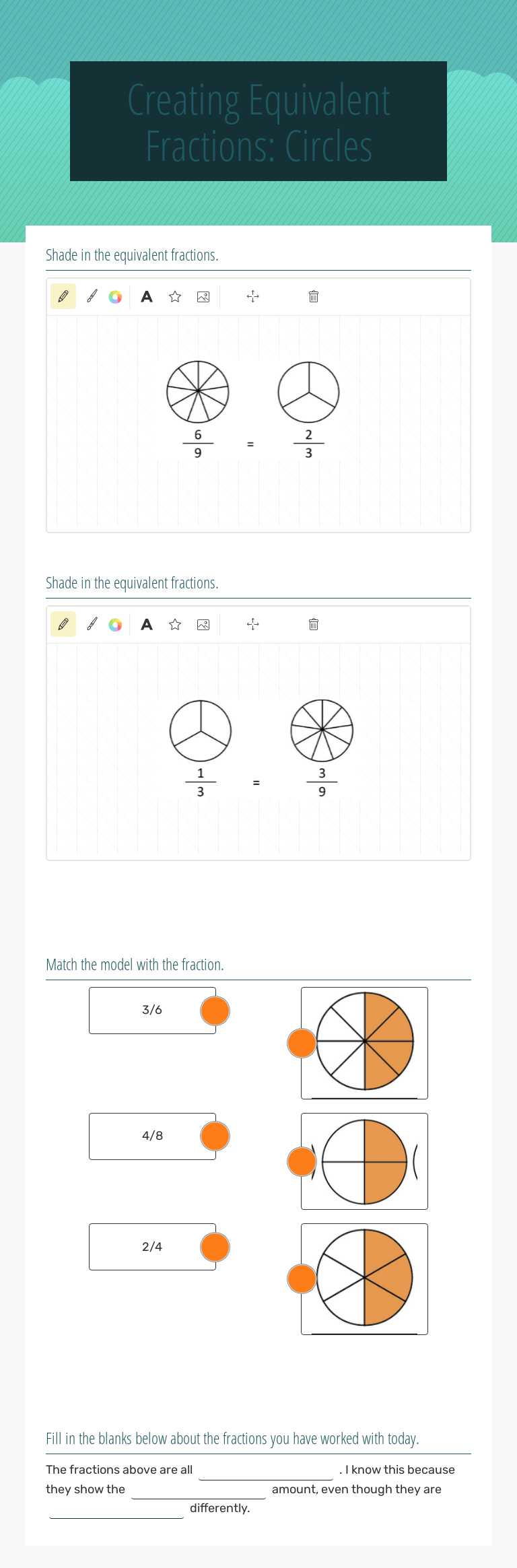 Creating Equivalent Fractions: Circles Grade 3 worksheet preview