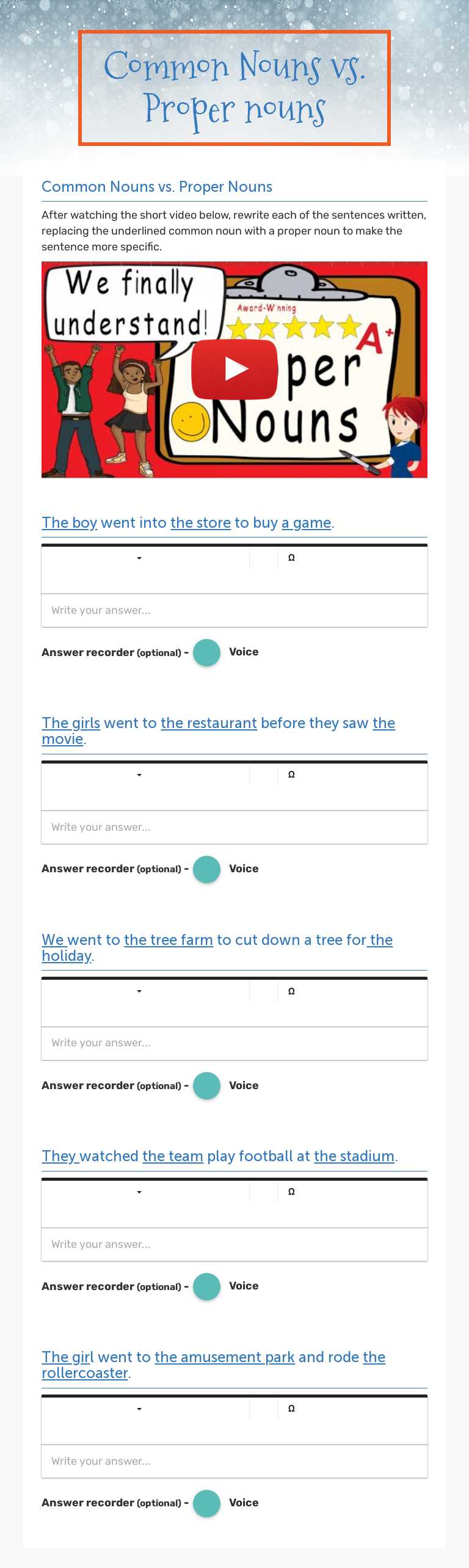 Common Nouns vs. Proper nouns worksheet preview image