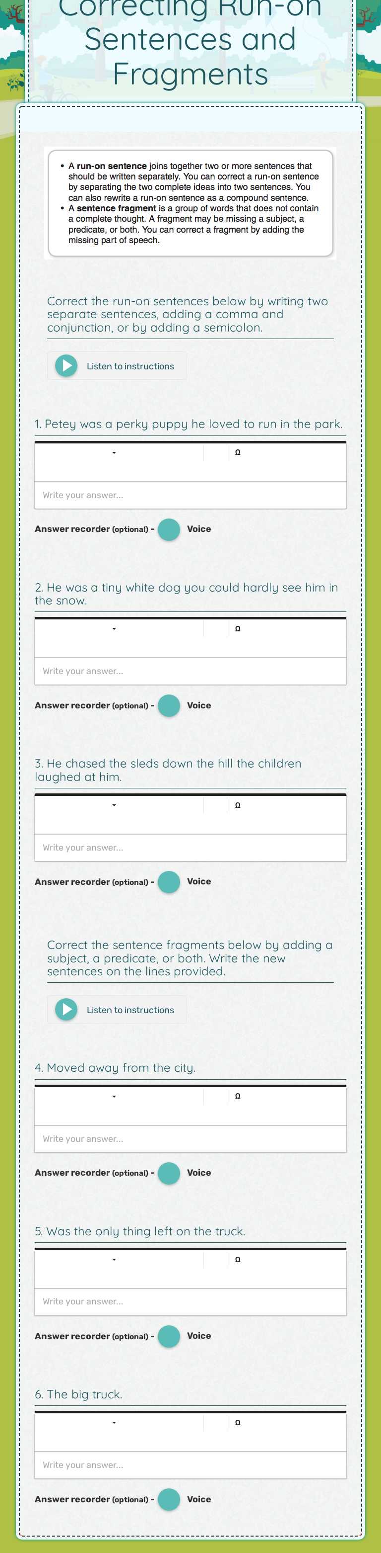 Grammar 23 Correcting Run-on Sentences and Fragments worksheet preview image