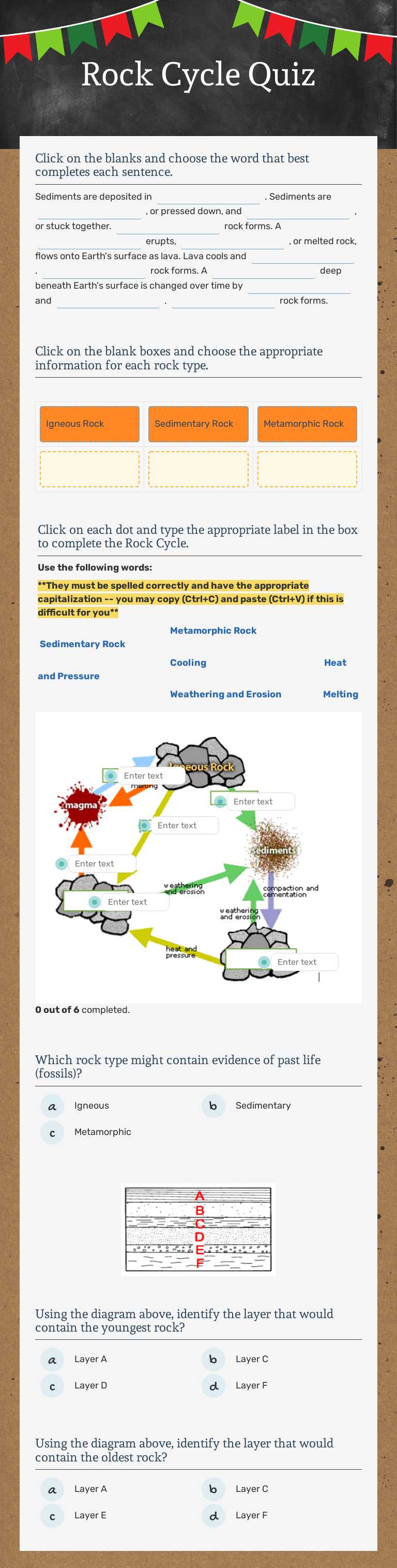 Rock Cycle Quiz Grade 6 worksheet preview