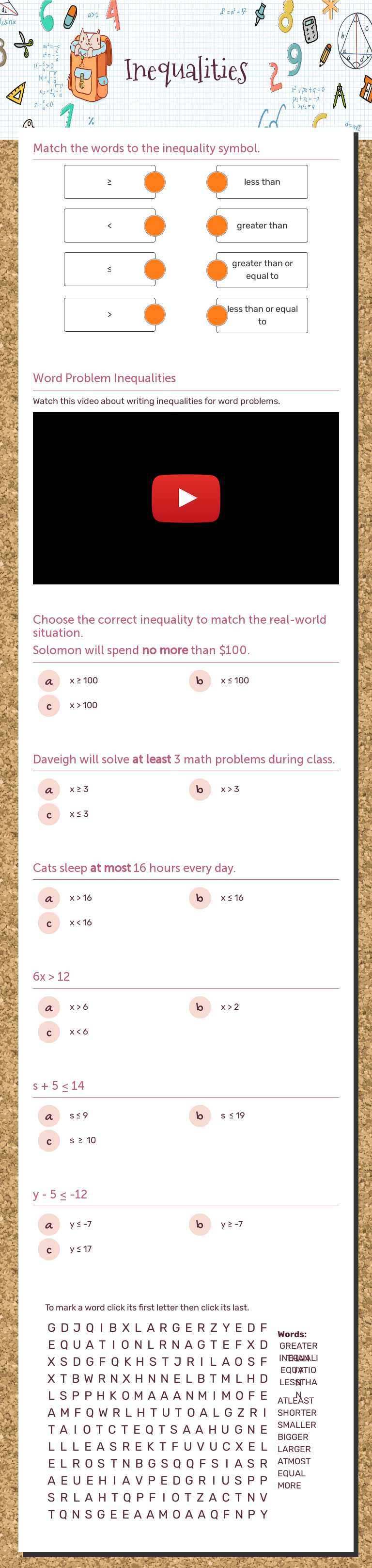 Inequalities worksheet preview image
