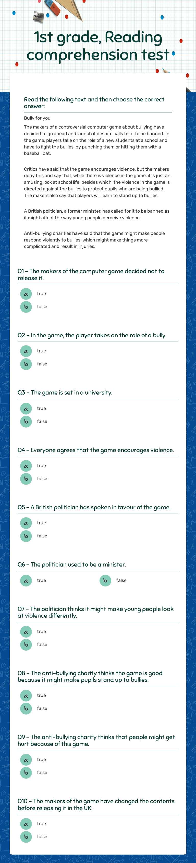 1st grade,
Reading comprehension test worksheet preview image
