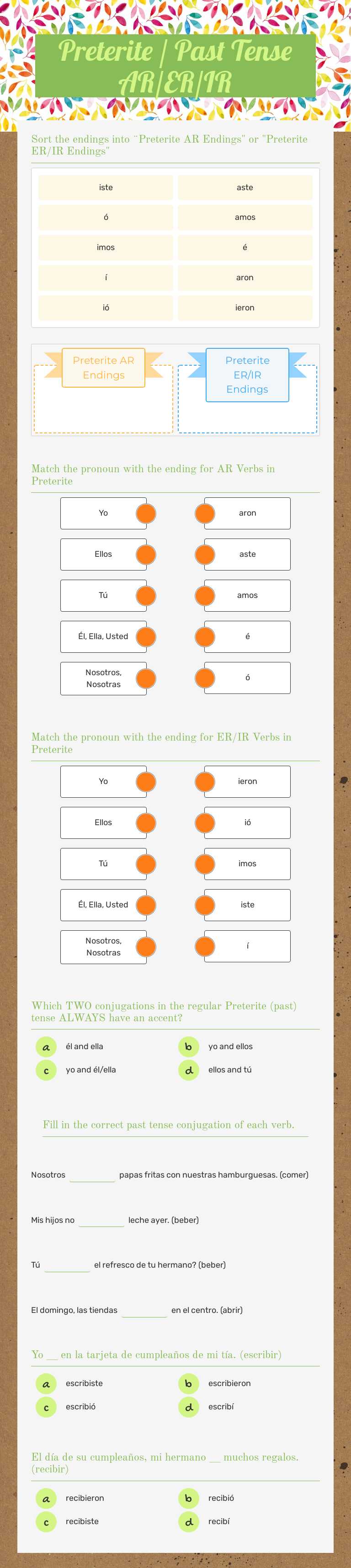 Preterite / Past Tense AR/ER/IR worksheet preview image