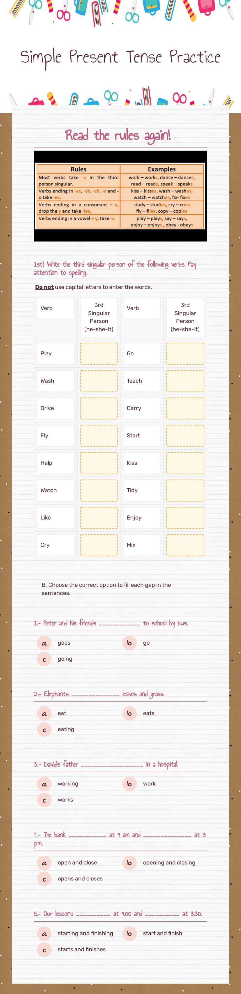 Simple Present Tense Practice worksheet preview image