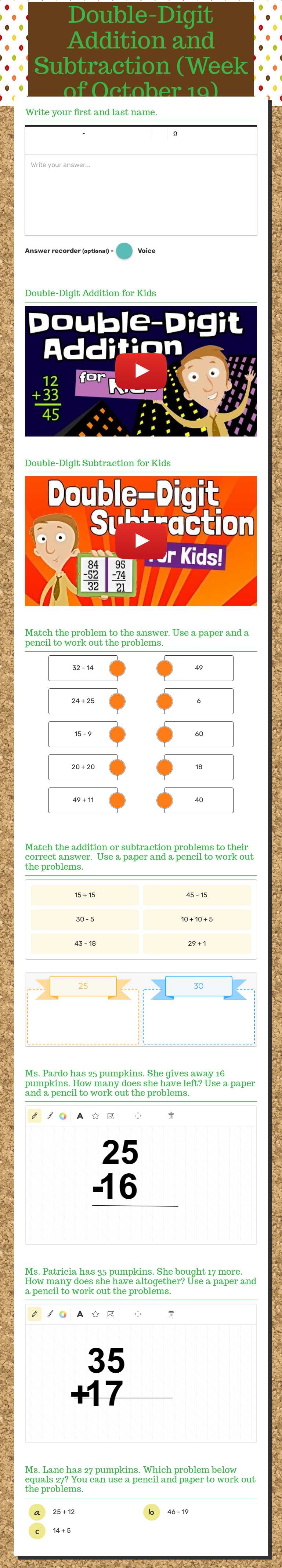 Double-Digit Addition and Subtraction (Week of October 19) Other worksheet preview
