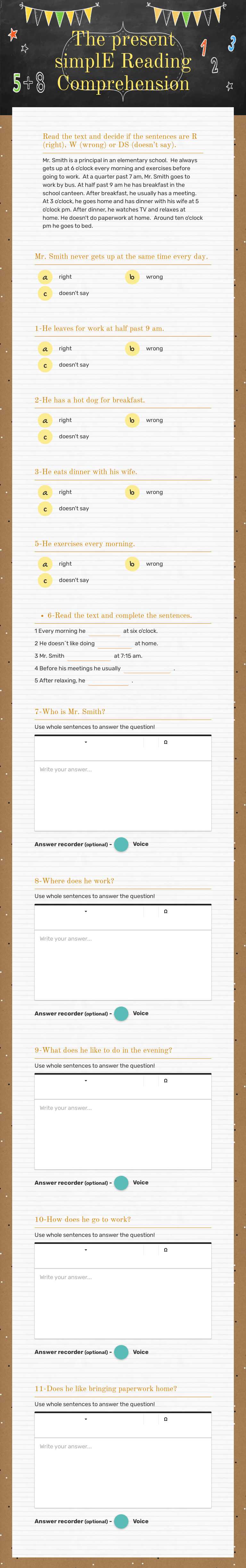 The present simplE    Reading Comprehension worksheet preview image