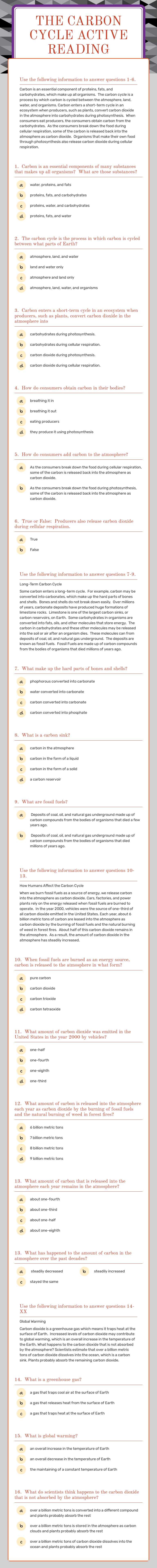 Carbon Cycle Active Reading Homework worksheet preview