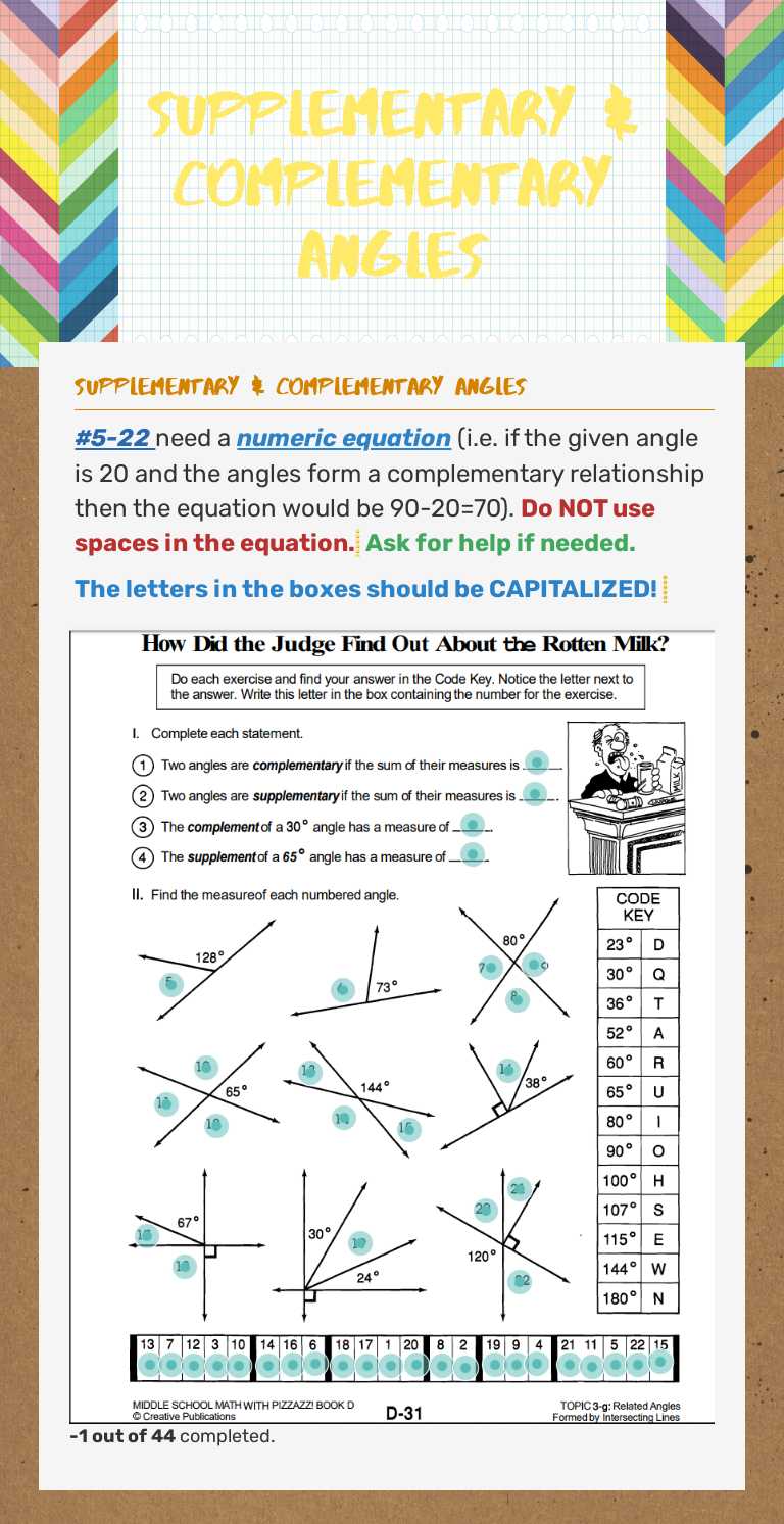 Supplementary & Complementary Angles worksheet preview image
