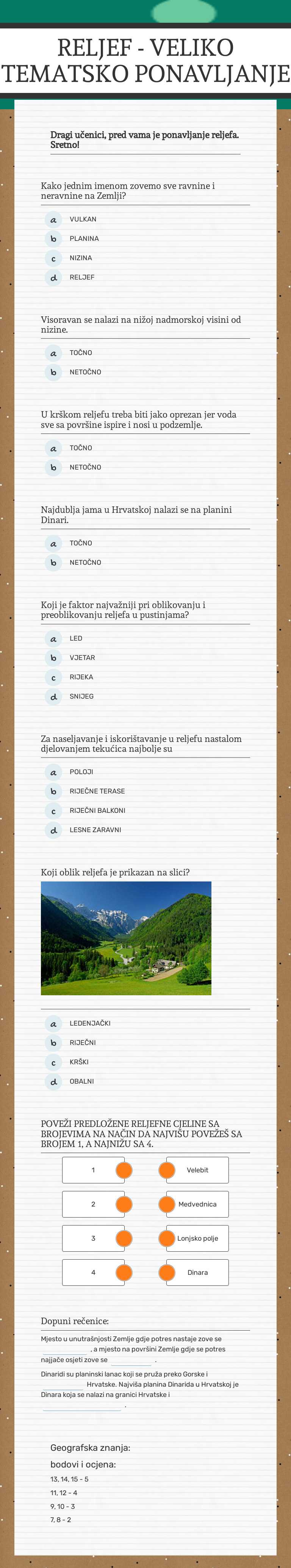 RELJEF - VELIKO TEMATSKO PONAVLJANJE worksheet preview image