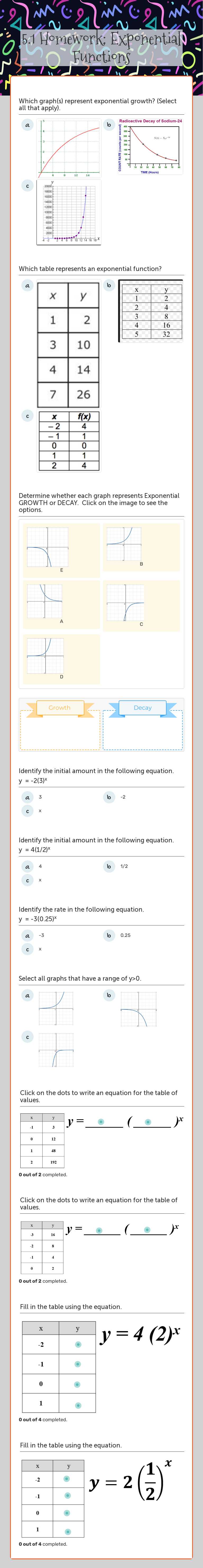 5.1 Homework: Exponential Functions worksheet preview image