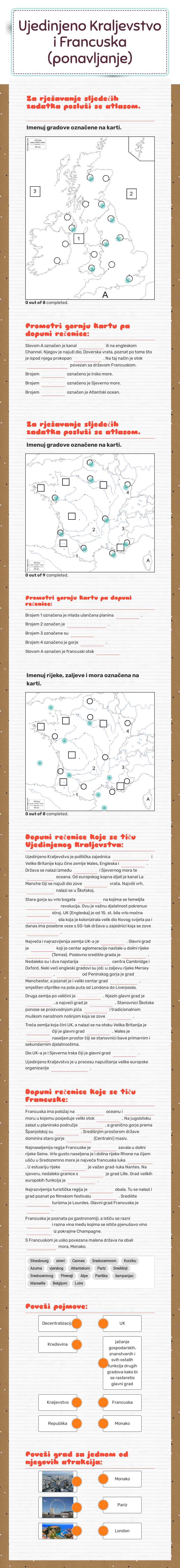 Ujedinjeno Kraljevstvo i Francuska (ponavljanje) worksheet preview image