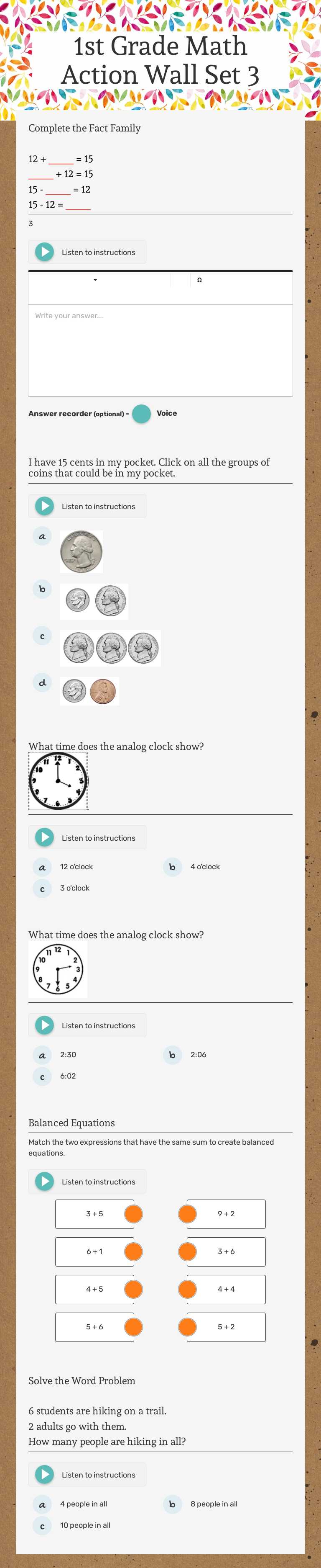1st Grade Math Action Wall Set 3 Grade 1 worksheet preview