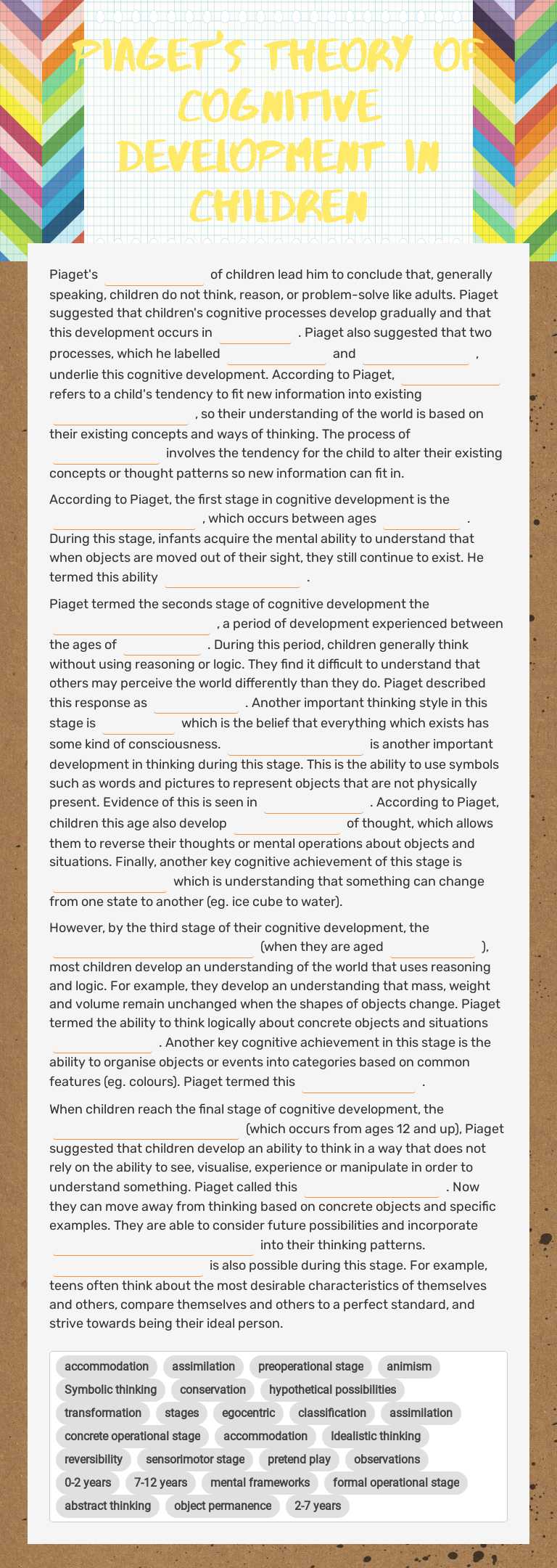Piaget's theory of cognitive development in children worksheet preview image