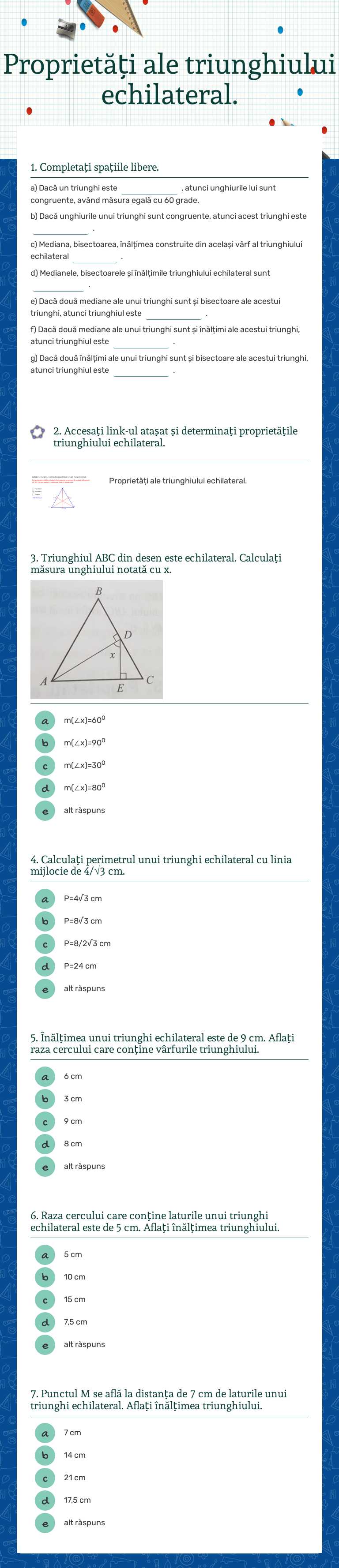 Proprietăți ale triunghiului echilateral. worksheet preview image