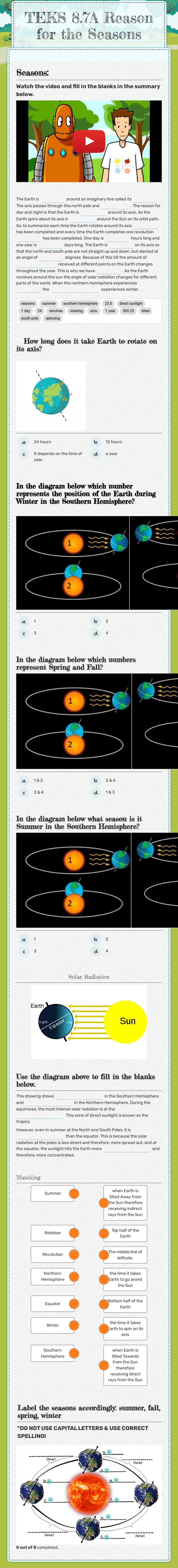 TEKS 8.7A Reason for the Seasons worksheet preview image