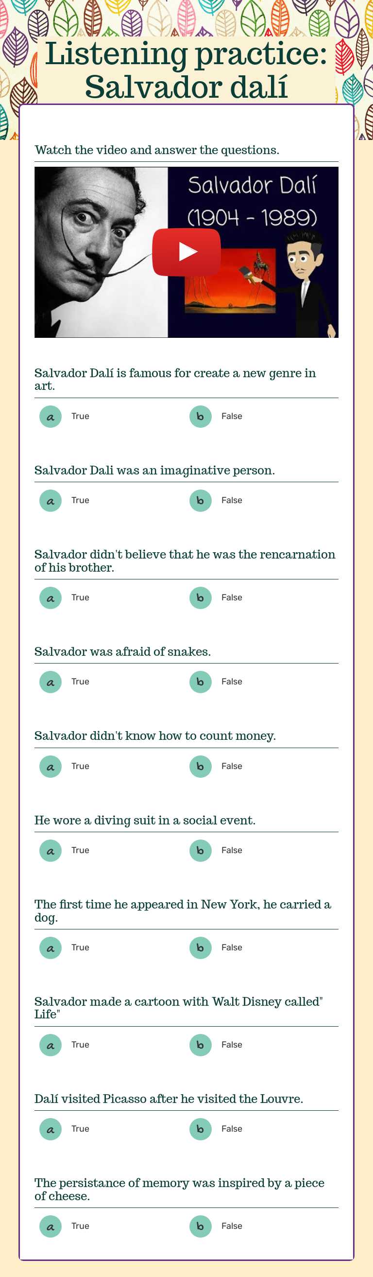 Listening practice: Salvador dalí worksheet preview image