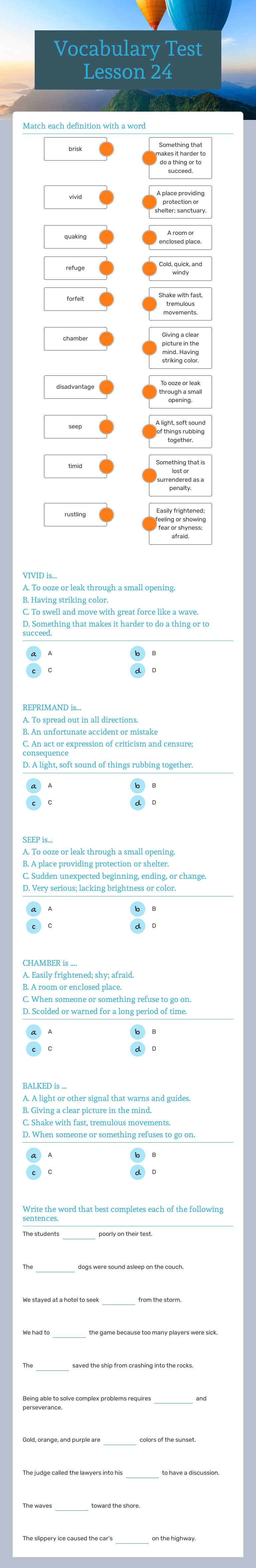 Vocabulary Test Lesson 24 worksheet preview image