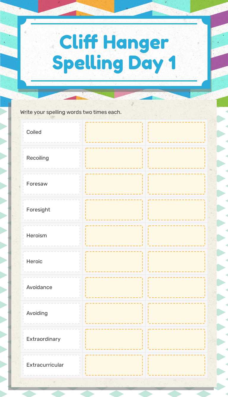 Cliff Hanger Spelling Day 1 worksheet preview image