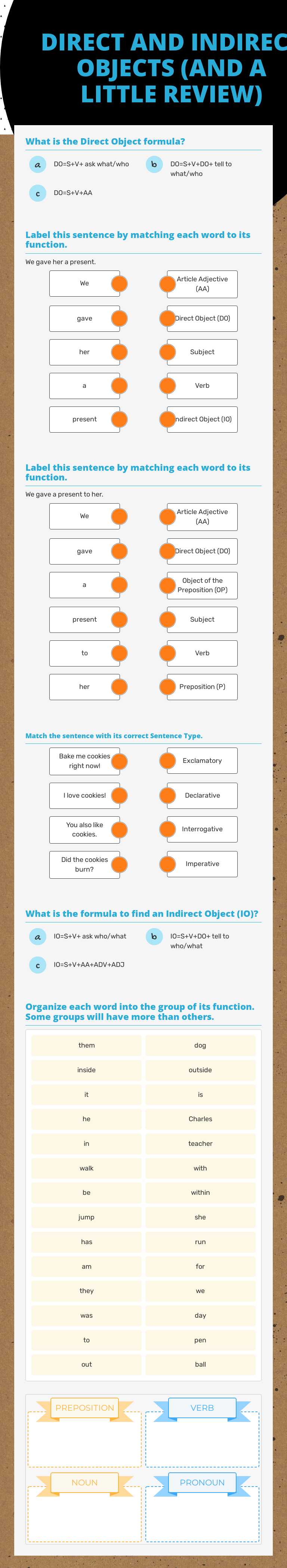 DIRECT AND INDIRECT OBJECTS (AND A LITTLE REVIEW) worksheet preview image
