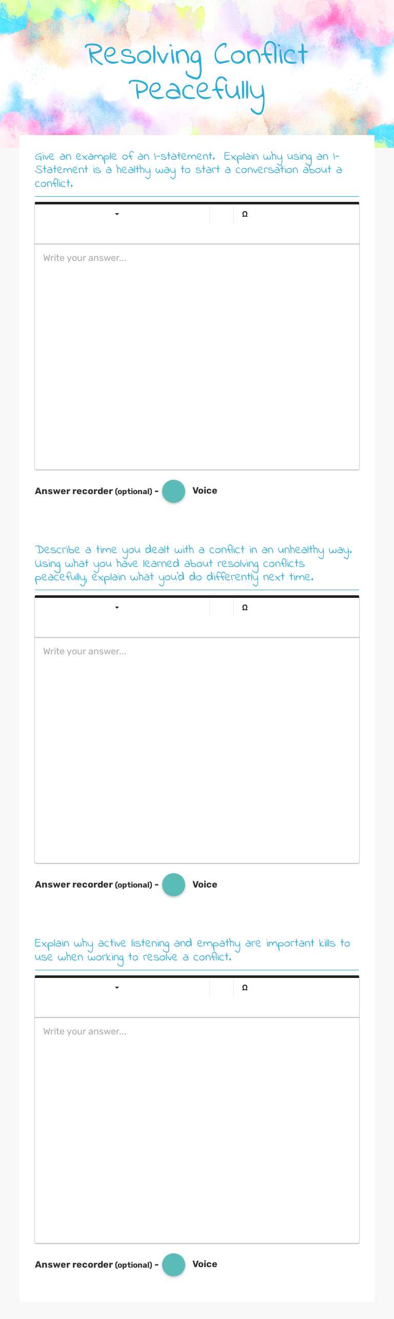 Resolving Conflict Peacefully worksheet preview image
