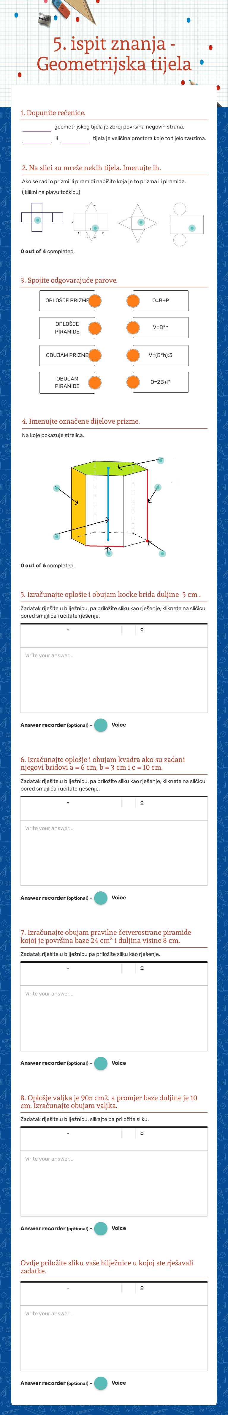 5. ispit znanja - Geometrijska tijela Grade 8 worksheet preview