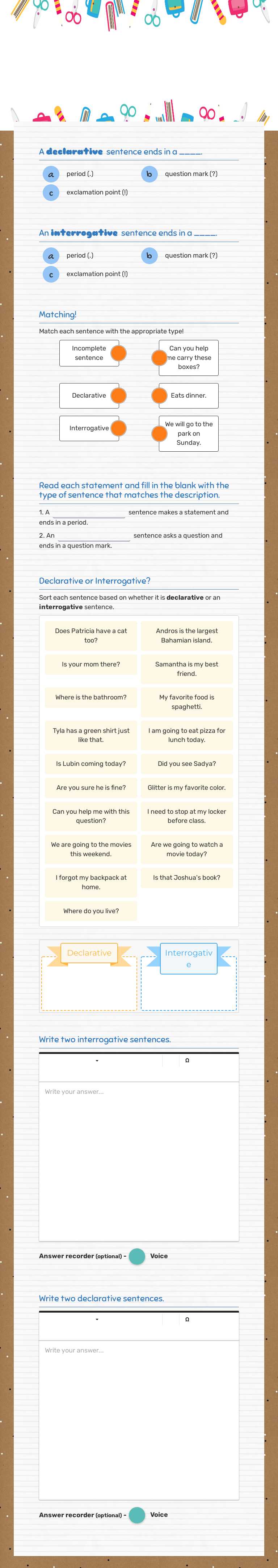 Declarative and Interrogative Sentences worksheet preview image