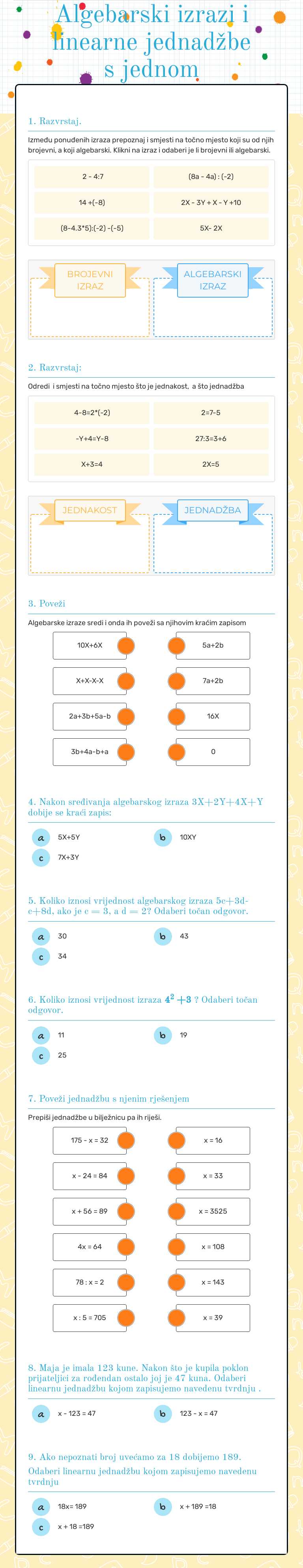 Algebarski izrazi i linearne jednadžbe s jednom nepoznanicom worksheet preview image