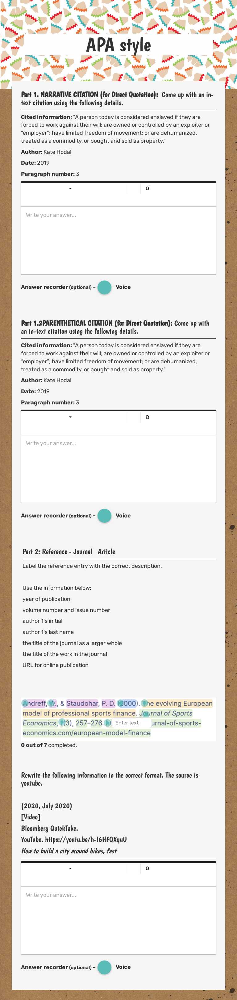 APA style worksheet preview image