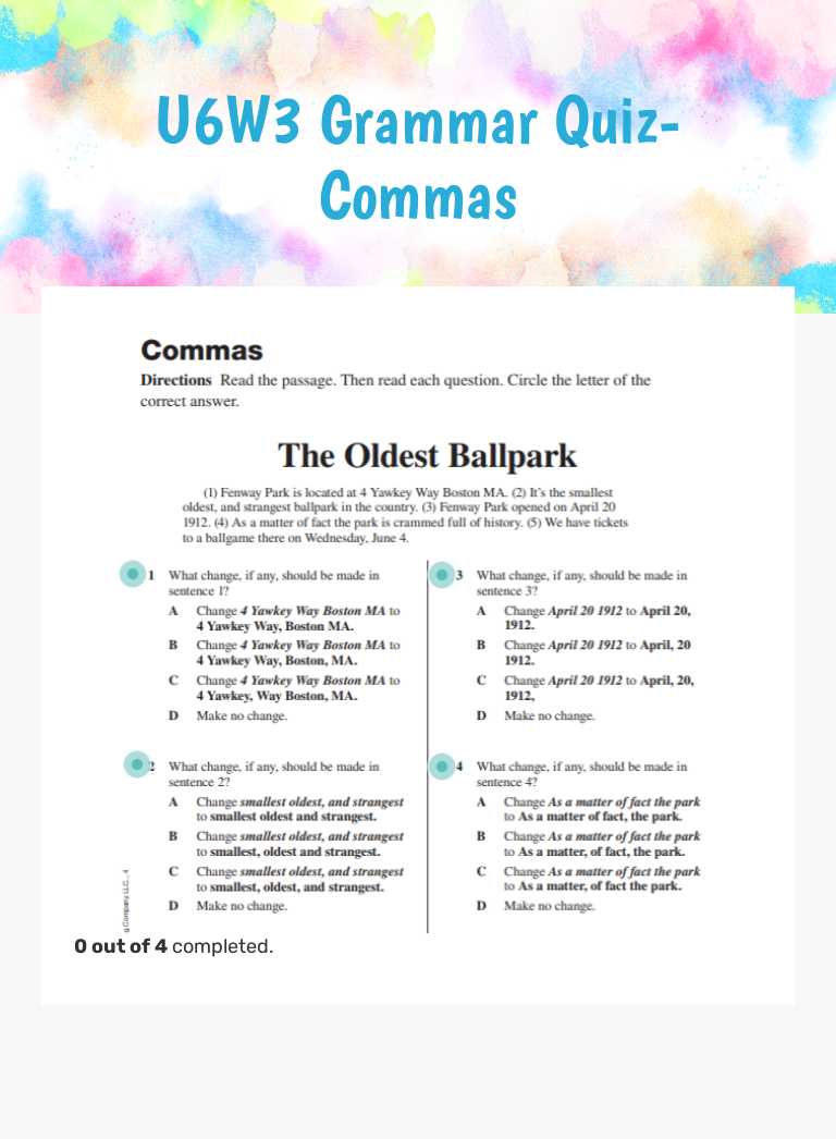 U6W3 Grammar Quiz-Commas Grade 4 worksheet preview
