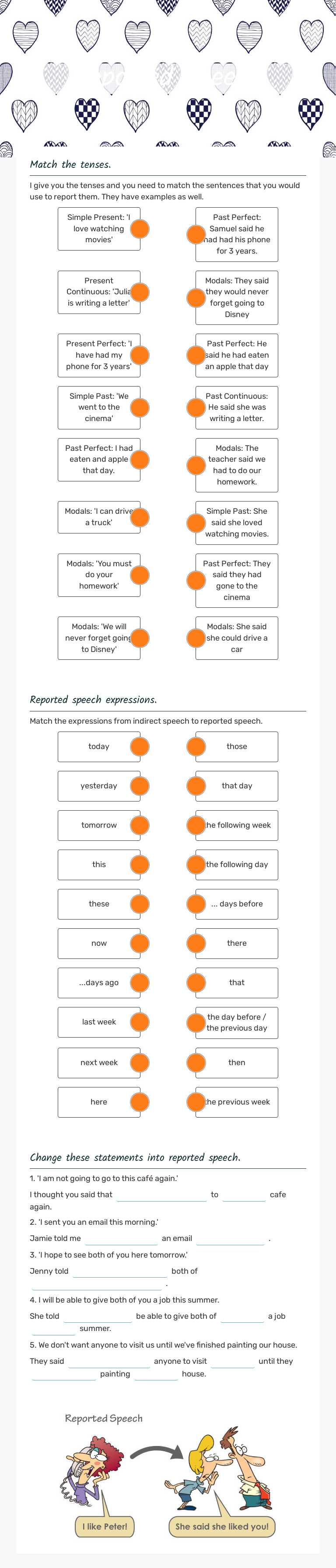 Reported Speech Grade 10 worksheet preview