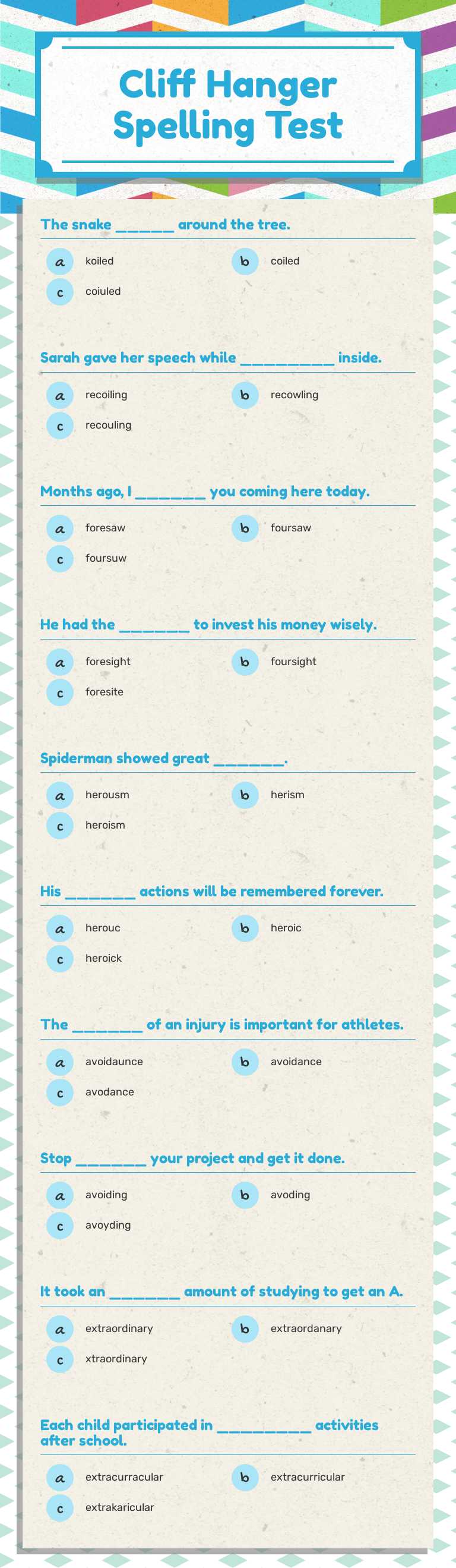 Cliff Hanger Spelling Test worksheet preview image