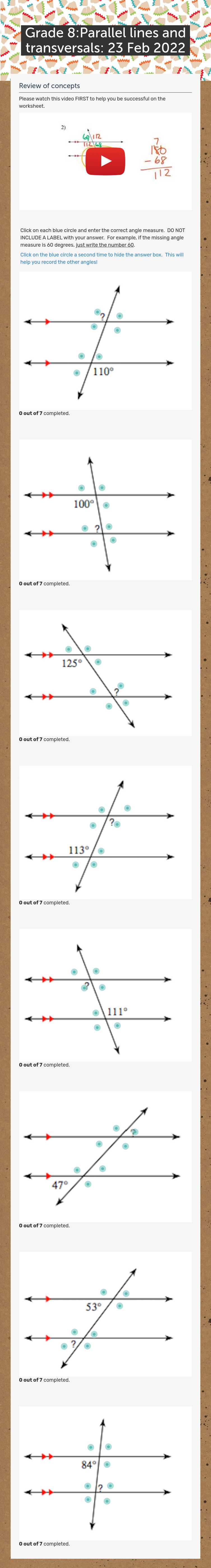 Grade 8:Parallel lines and transversals: 23 Feb 2022 worksheet preview image