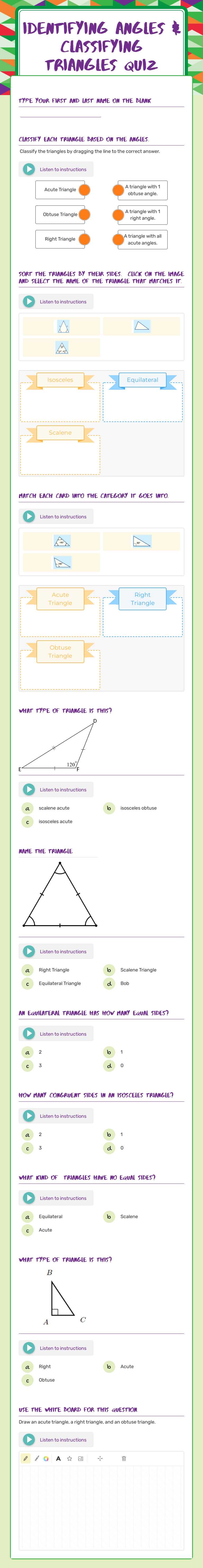 Identifying Angles & Classifying Triangles Quiz worksheet preview image