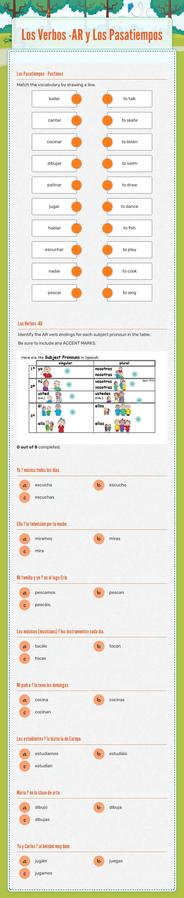Los Verbos -AR y Los Pasatiempos worksheet preview image