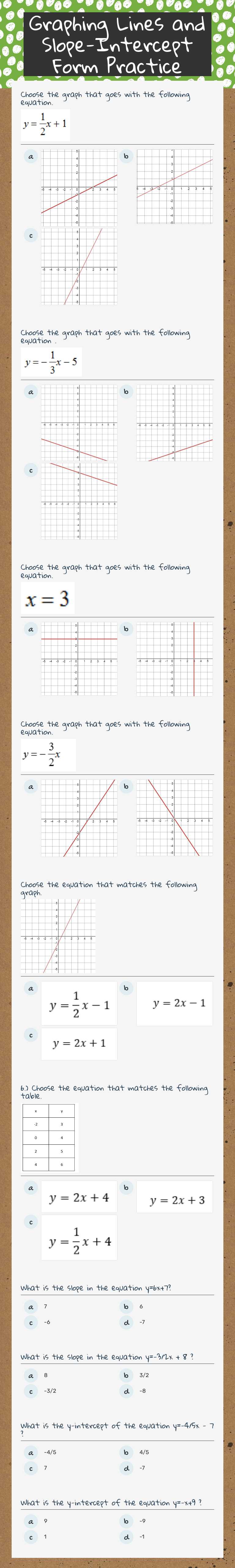 Graphing Lines and Slope-Intercept Form Practice Grade 9 worksheet preview